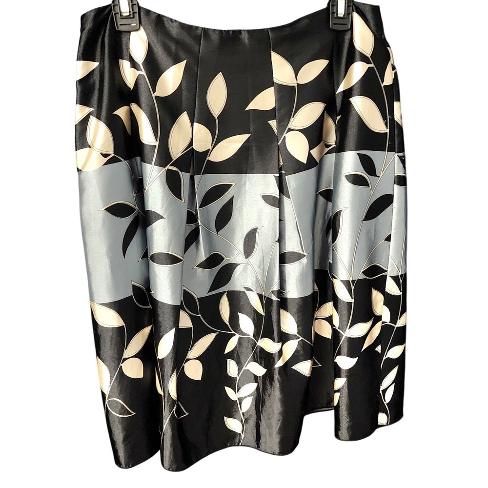 ROMY Skirt Women Floral Black & Gold Leaf Print Pleated A-Line Classic Modest, M